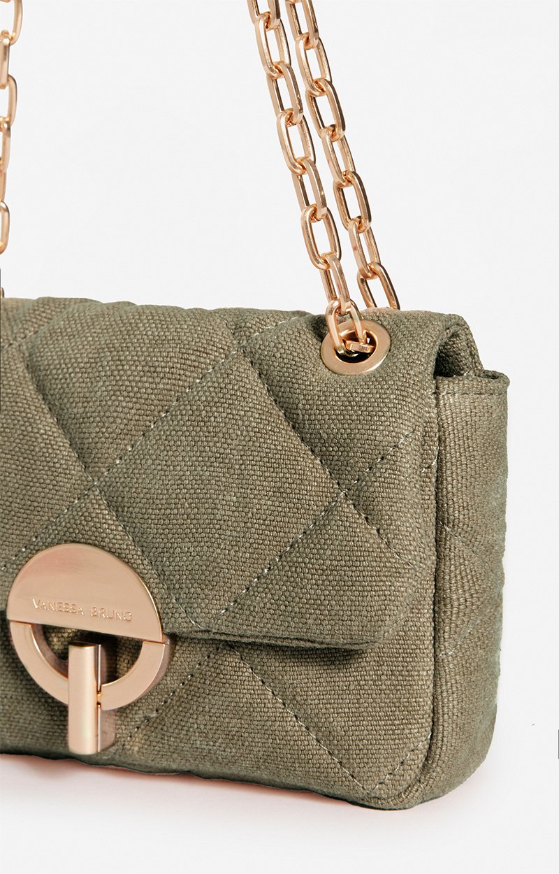 Small Linen Moon Bag Quilted linen, gold clasp, made in Italy KHAKI Vanessa Bruno