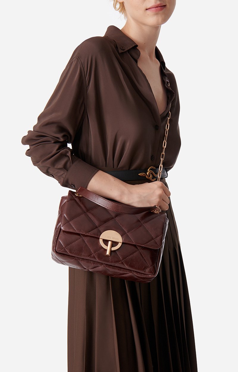 Large Cracked Leather Moon Bag Quilted crackled leather, made in Italy CHOCOLATE Vanessa Bruno