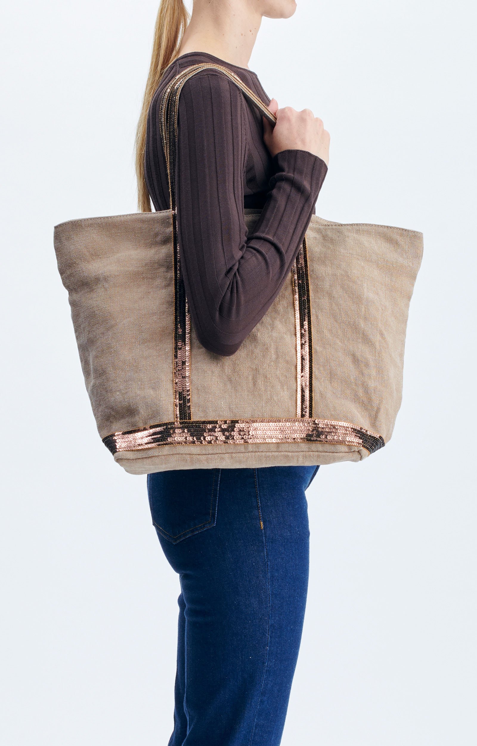 Linen L Zipped Cabas Tote Shoulder bag with zipper Mushroom Vanessa Bruno