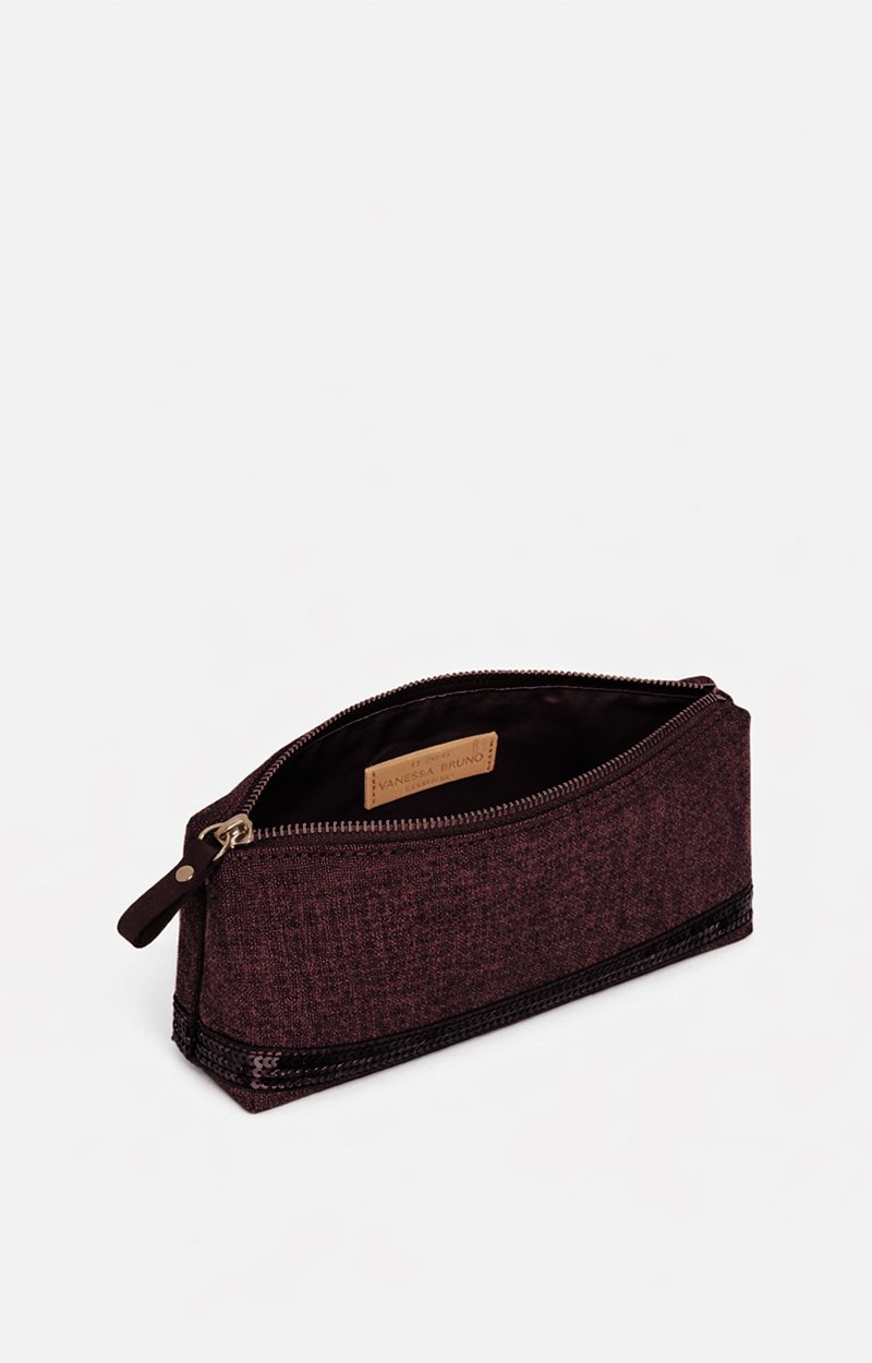 Linen School Pouch Natural sequined linen, pencil case style Aubergine Vanessa Bruno
