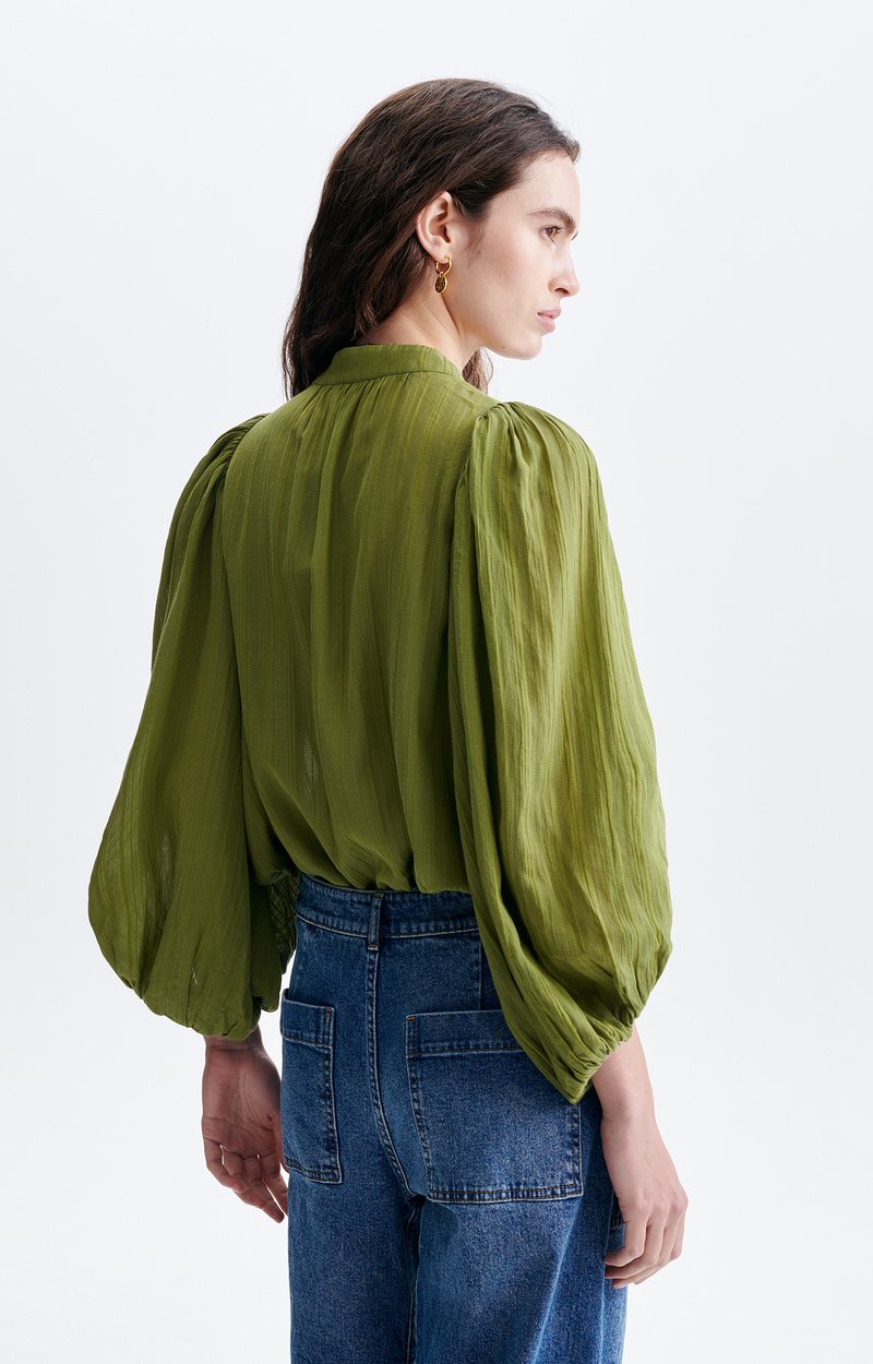 Bell Balloon-Sleeve Blouse Striped Cotton, V-Neck, Balloon Sleeves OLIVE Vanessa Bruno