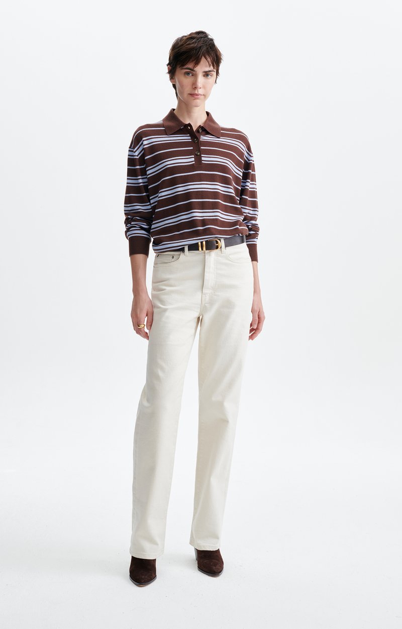 Hadrien Polo Shirt Long-sleeve striped merino knit polo CHOCOLAT/DENIM Vanessa Bruno