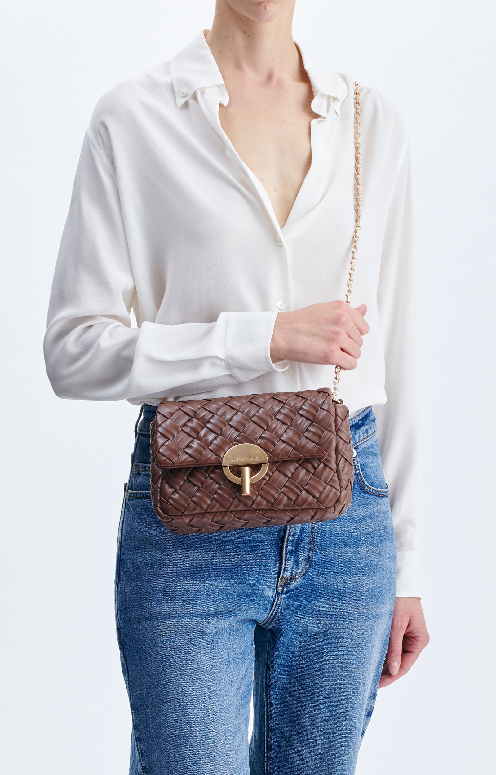 Medium Braided Leather Moon Bag Braided lambskin bag, chain strap COGNAC Vanessa Bruno