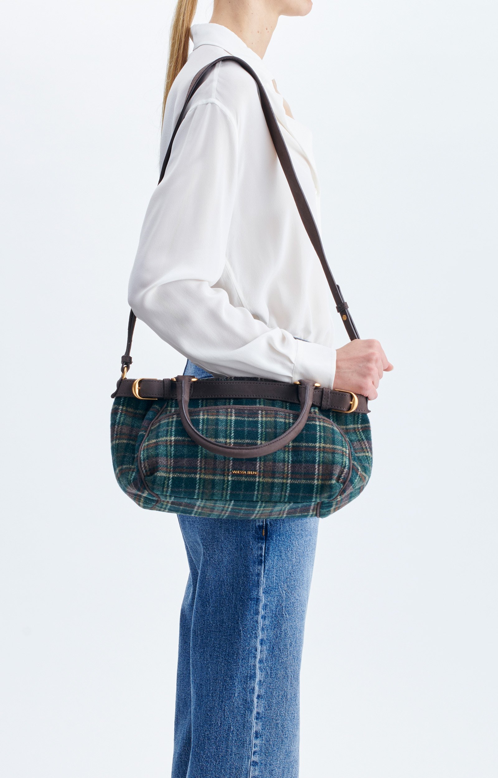Small Tartan Lune Bag Tartan fabric handbag, 24H size Green Vanessa Bruno