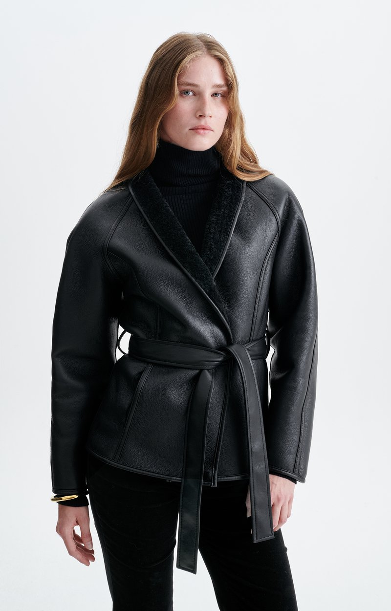 Fur Jacket, Faux fur kimono jacket, leather-look belt