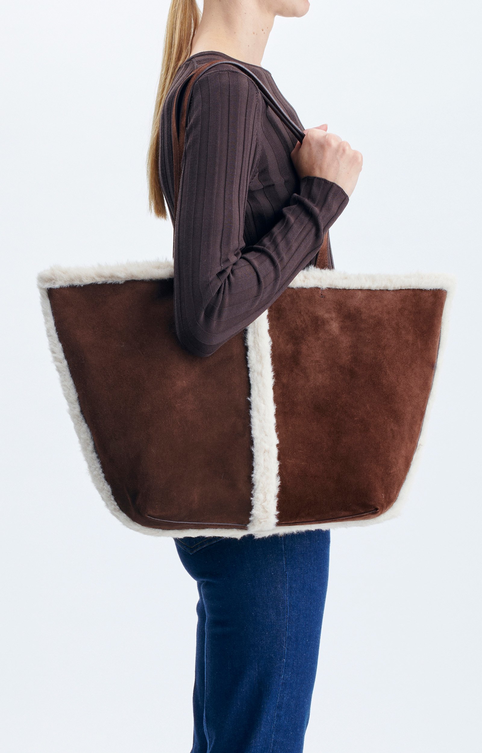 Large Shearling Leather Daily Tote Suede and shearling large tote Classic Brown Vanessa Bruno