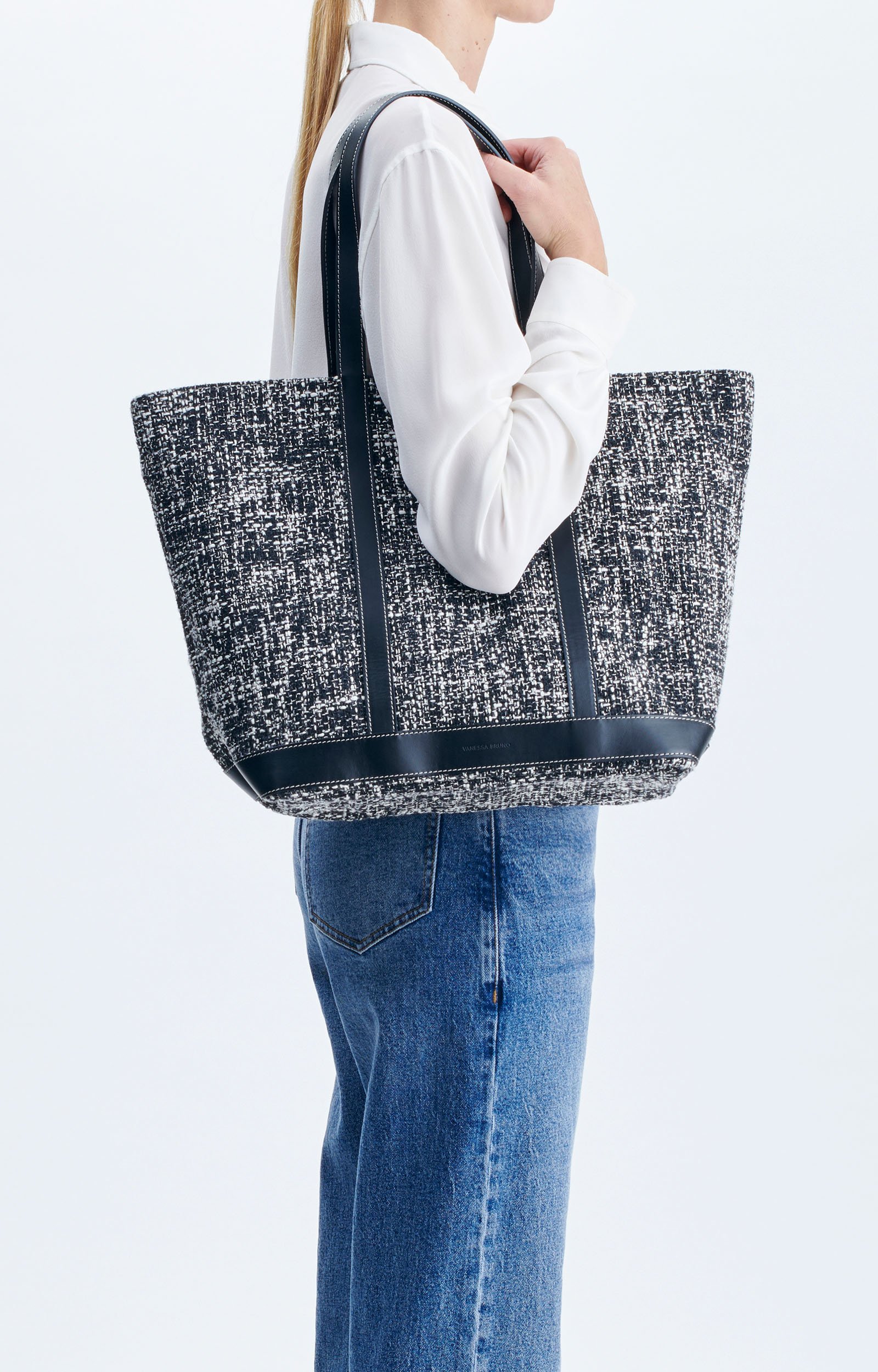 Tweed L Cabas Tote Tweed cabas, leather trims Black / White Vanessa Bruno
