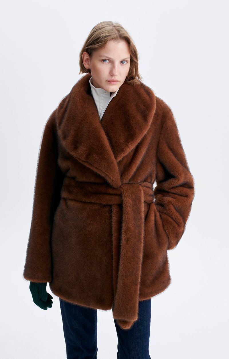Gracie Coat, Belted faux fur coat, shawl collar