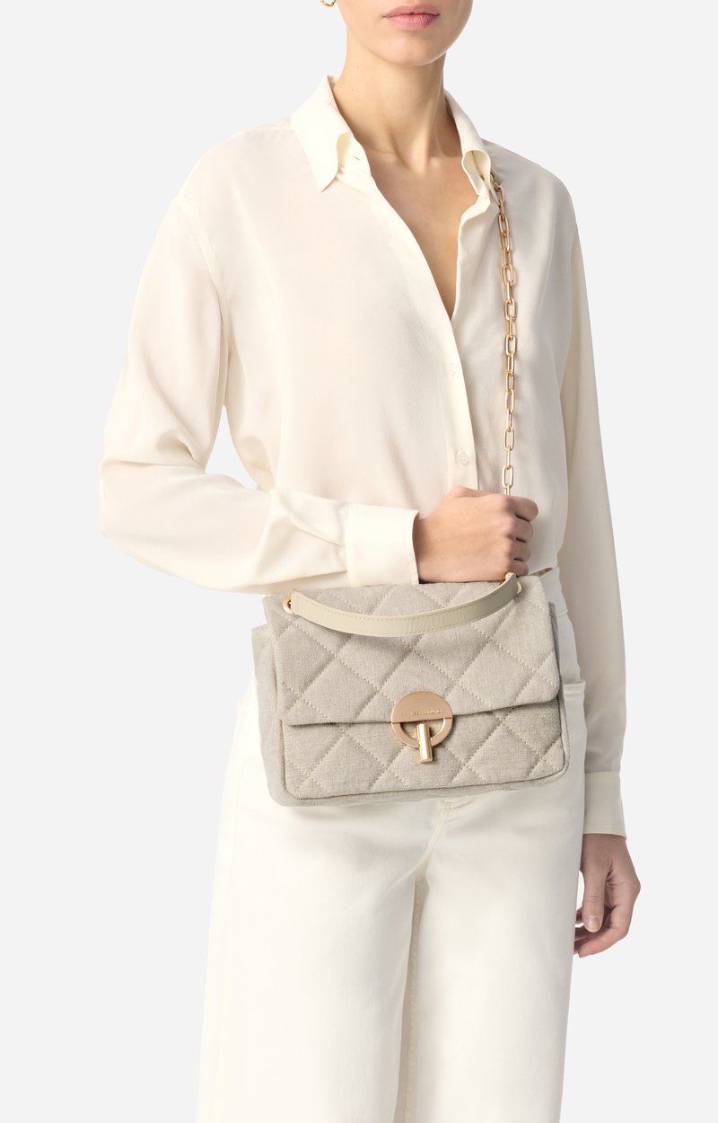 Large Linen Moon Bag Quilted linen, gold clasp, made in Italy SAND Vanessa Bruno