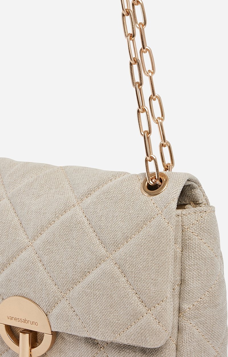 Large Linen Moon Bag Quilted linen, gold clasp, made in Italy SAND Vanessa Bruno