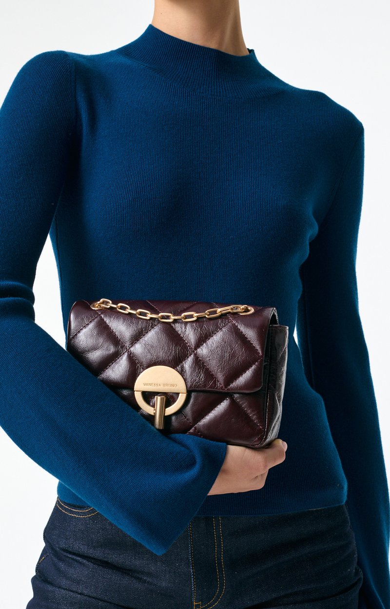 Medium Cracked Leather Moon Bag Crackled leather, gold clasp, made in Italy CHOCOLATE Vanessa Bruno