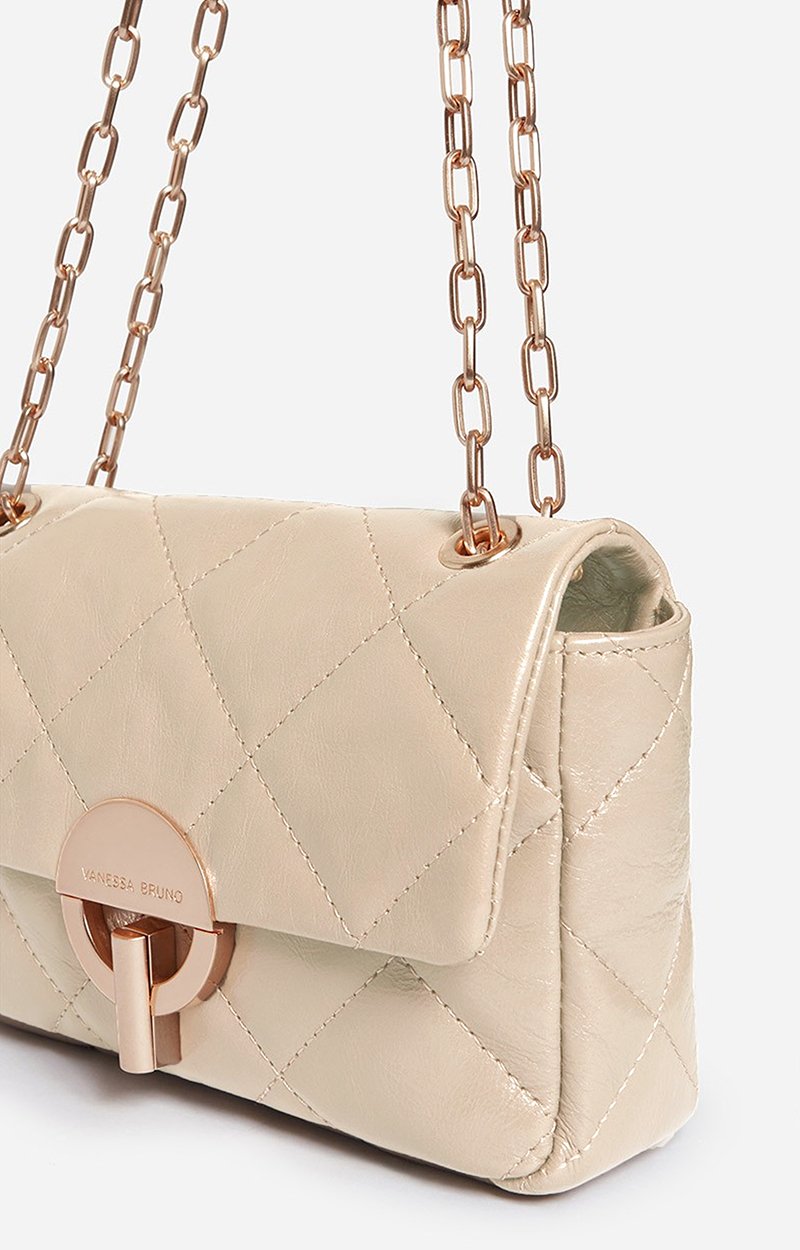 Medium Cracked Leather Moon Bag Crackled leather, gold clasp, made in Italy SAND Vanessa Bruno