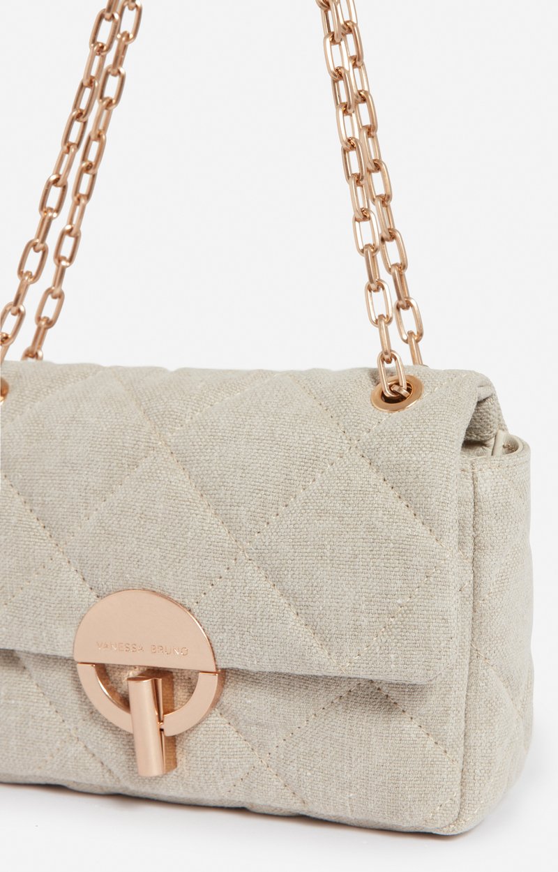 Medium Linen Moon Bag Quilted linen, gold clasp, made in Italy SAND Vanessa Bruno