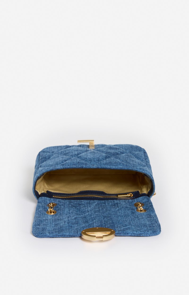 Medium Linen Moon Bag Quilted linen, gold clasp, made in Italy Indigo Vanessa Bruno