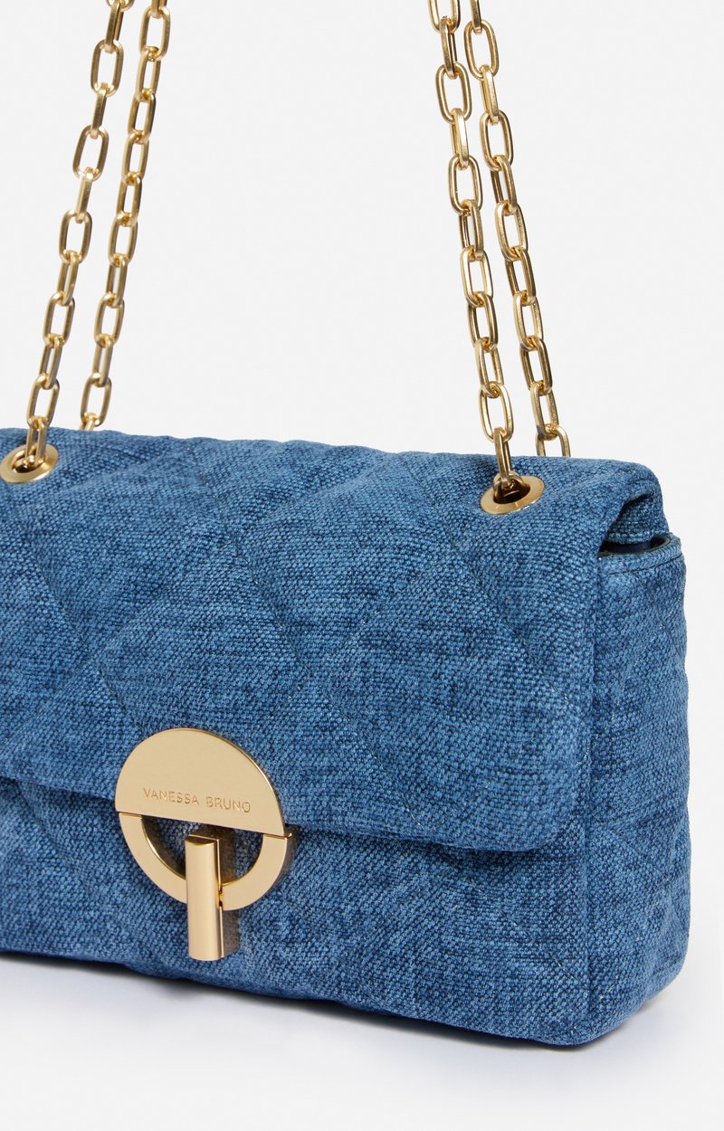 Medium Linen Moon Bag Quilted linen, gold clasp, made in Italy Indigo Vanessa Bruno