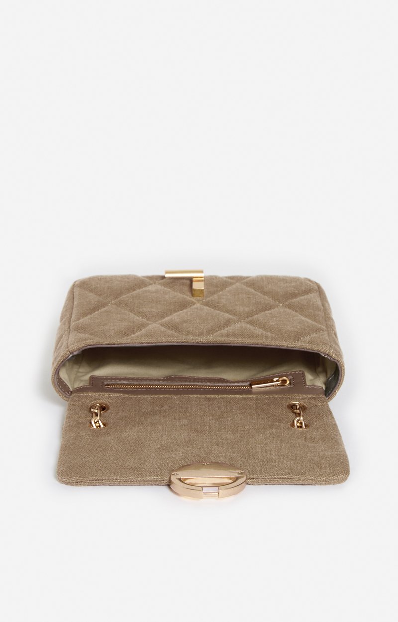Medium Linen Moon Bag Quilted linen, gold clasp, made in Italy Mushroom Vanessa Bruno