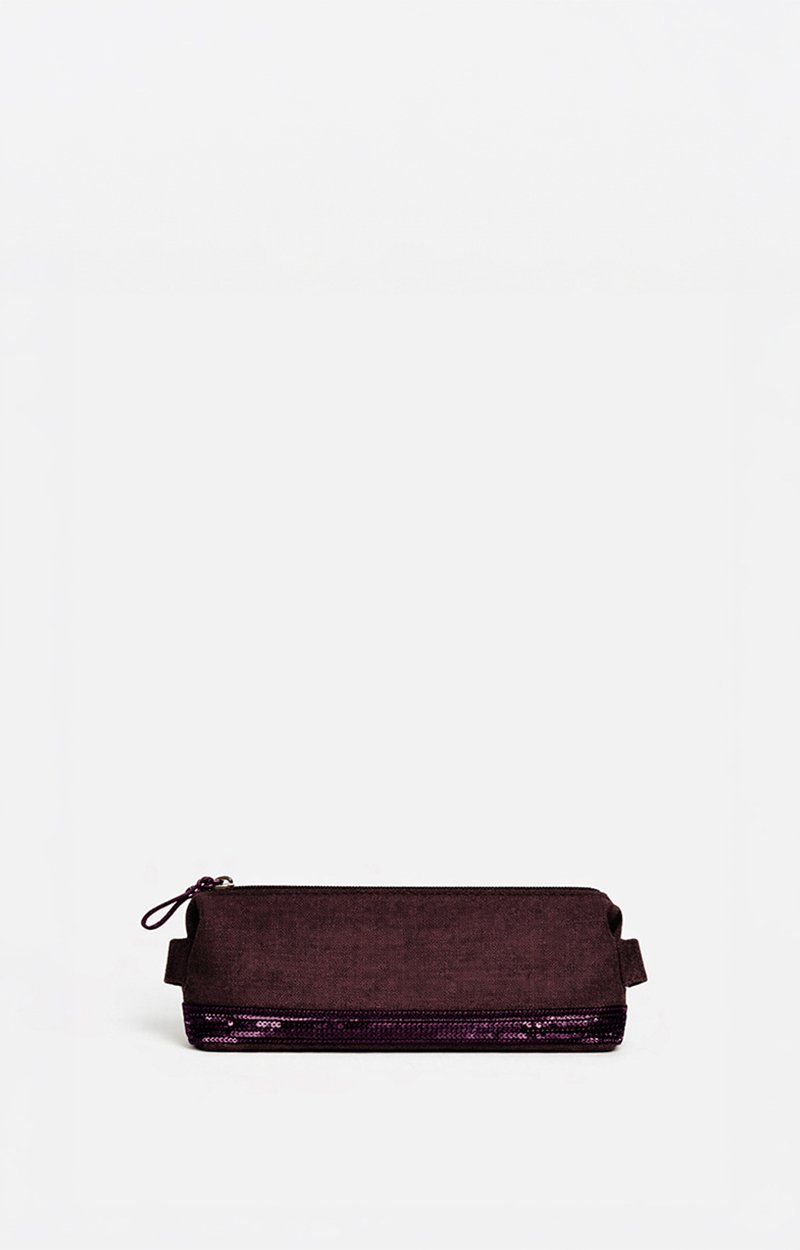 Linen School Pouch Natural sequined linen, pencil case style Aubergine Vanessa Bruno