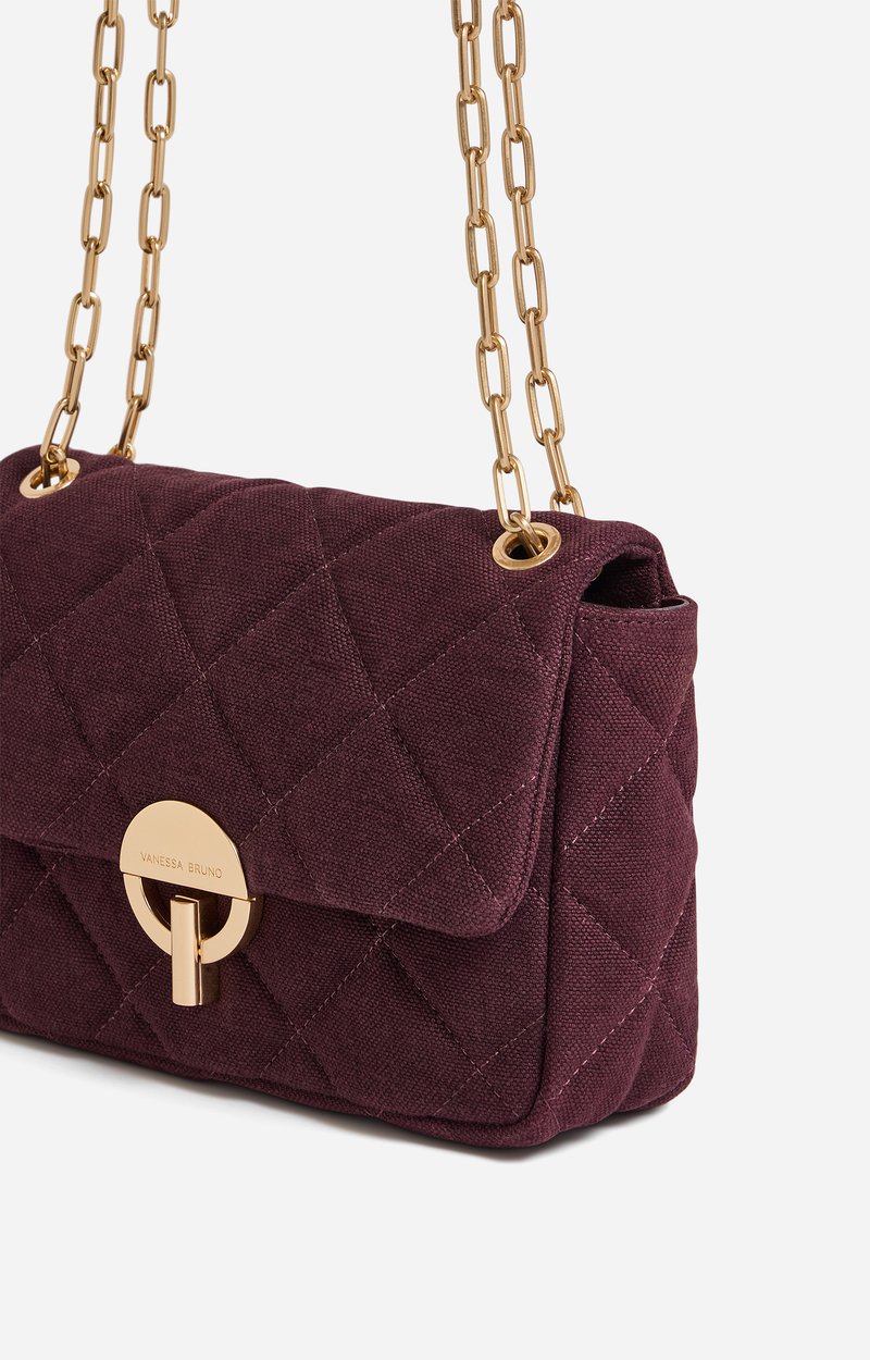 Large Linen Moon Bag Quilted linen, adjustable chain, made in Italy Aubergine Vanessa Bruno