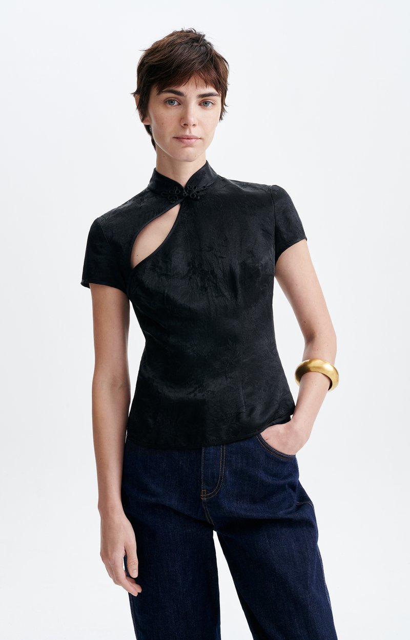 Hansei Jacquard Blouse, Jacquard, Brandenburg Collar, Short Sleeves