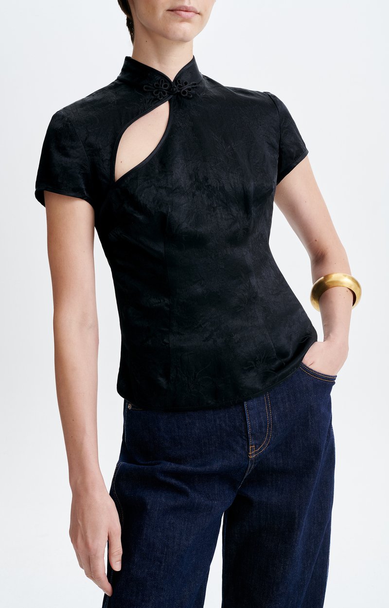 Hansei Jacquard Blouse Jacquard, Brandenburg Collar, Short Sleeves Black Vanessa Bruno