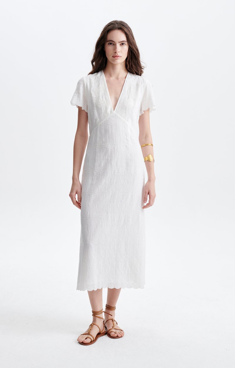 Helena Long Embroidered Dress Embroidered cotton, lined, V-neck, handcrafted ECRU Vanessa Bruno