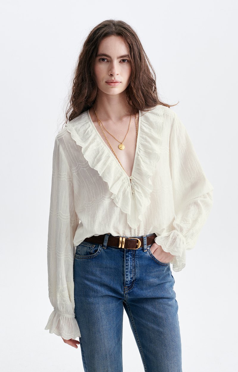 Helea Embroidered Blouse Embroidered cotton, large crossed ruffle, V-neck ECRU Vanessa Bruno