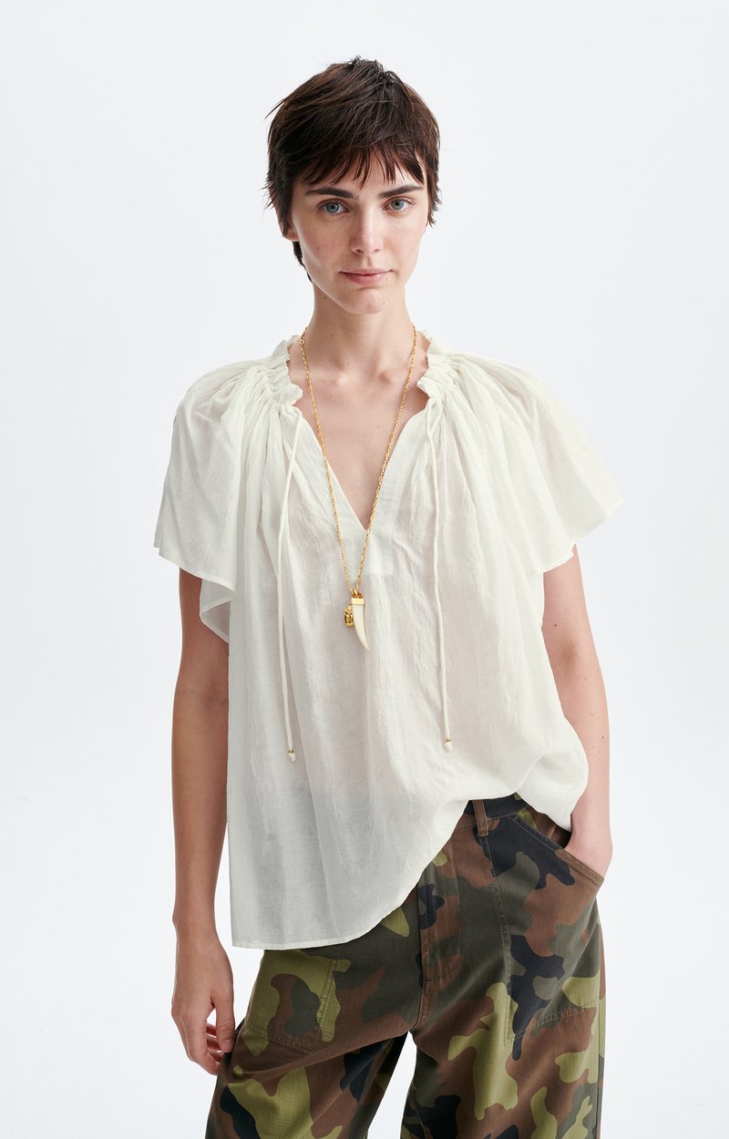 Halisson Embroidered Blouse, Cotton, embroidery, gathered lace neckline