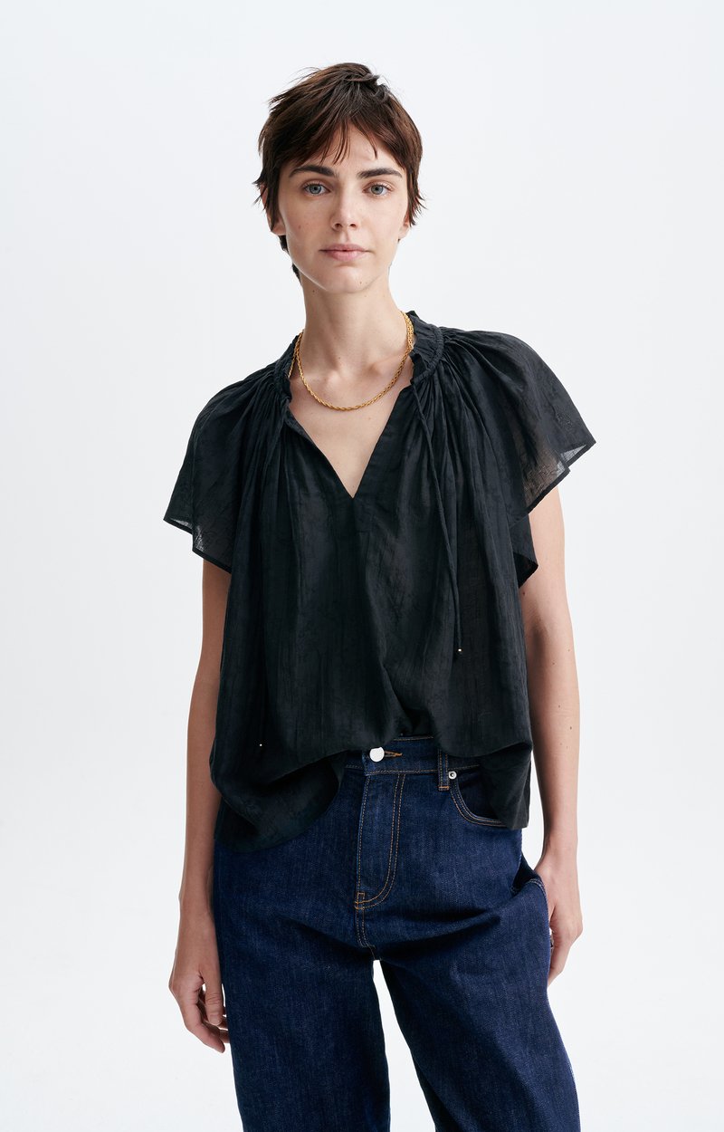 Halisson Blouse Embroidered cotton, butterfly sleeves, lace neckline Black Vanessa Bruno