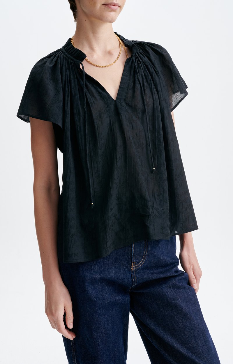 Halisson Blouse Embroidered cotton, butterfly sleeves, lace neckline Black Vanessa Bruno