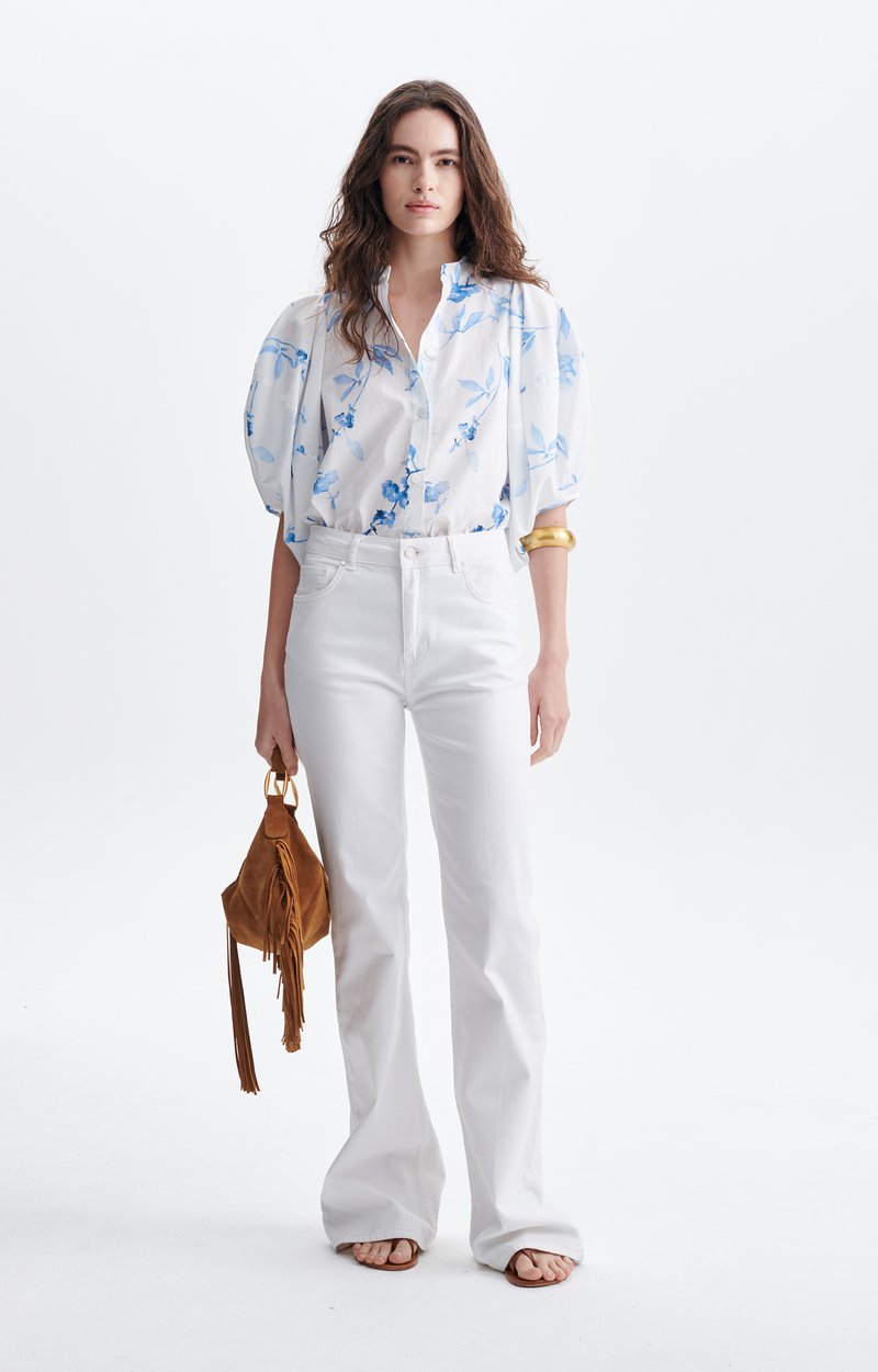 F&eacute;licie Puff-Sleeve Blouse, Cotton, Printed, Blue Puffed Sleeves