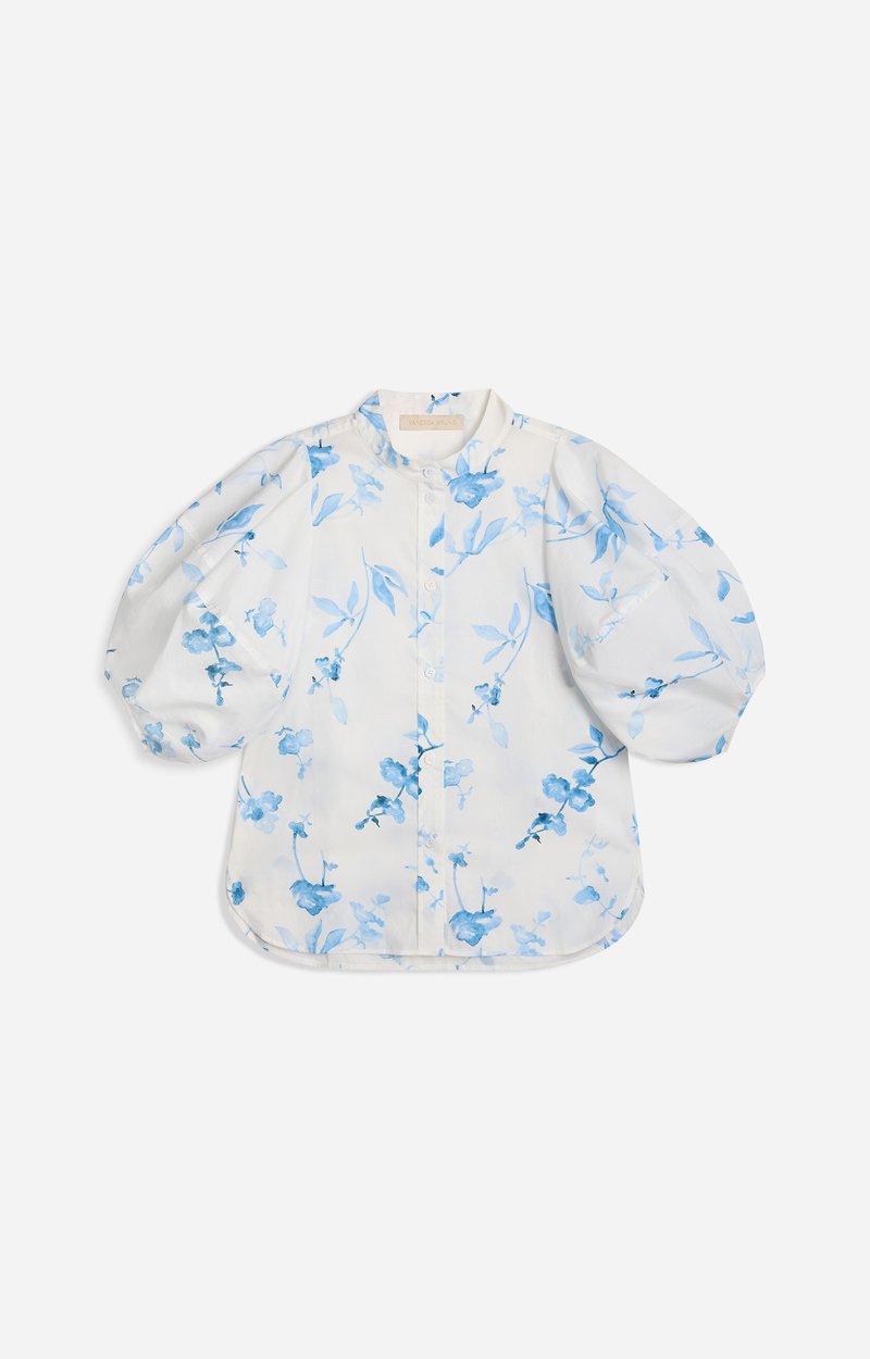 F&eacute;licie Puff-Sleeve Blouse Cotton, Printed, Blue Puffed Sleeves ECRU Vanessa Bruno