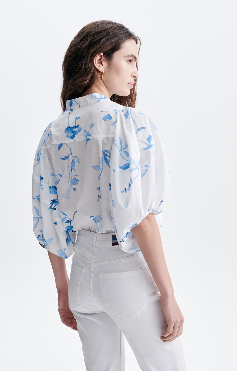 F&eacute;licie Puff-Sleeve Blouse Cotton, Printed, Blue Puffed Sleeves ECRU Vanessa Bruno