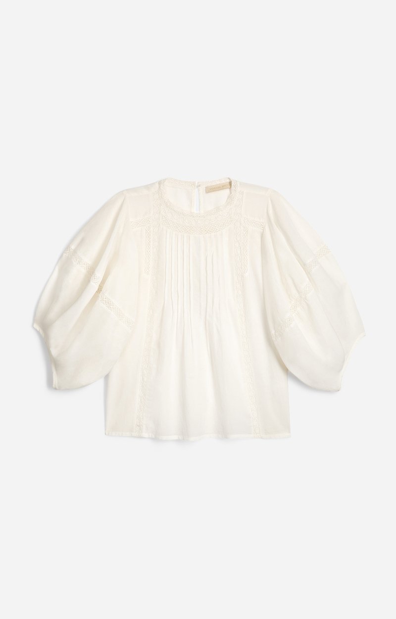 Hava Balloon-Sleeve Blouse Cotton and Lace, Ivory Puffed Sleeves