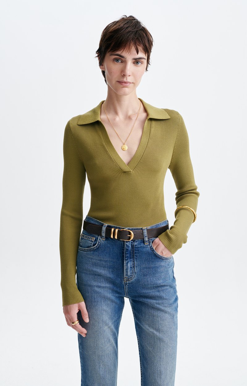Horace Ribbed Polo Neck Top Ribbed knit, open polo collar, fitted OLIVE Vanessa Bruno