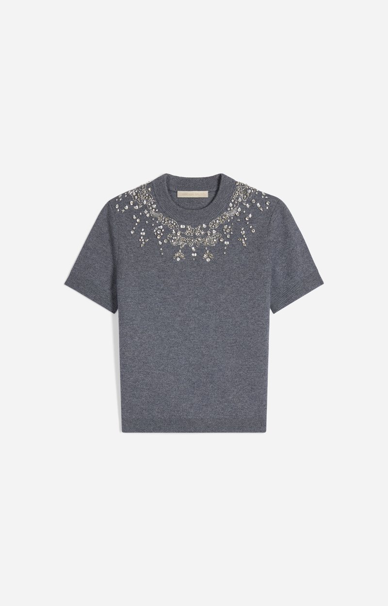 Helmine Sweater Short-sleeve top, jewel-embroidered neckline Tweed grey Vanessa Bruno
