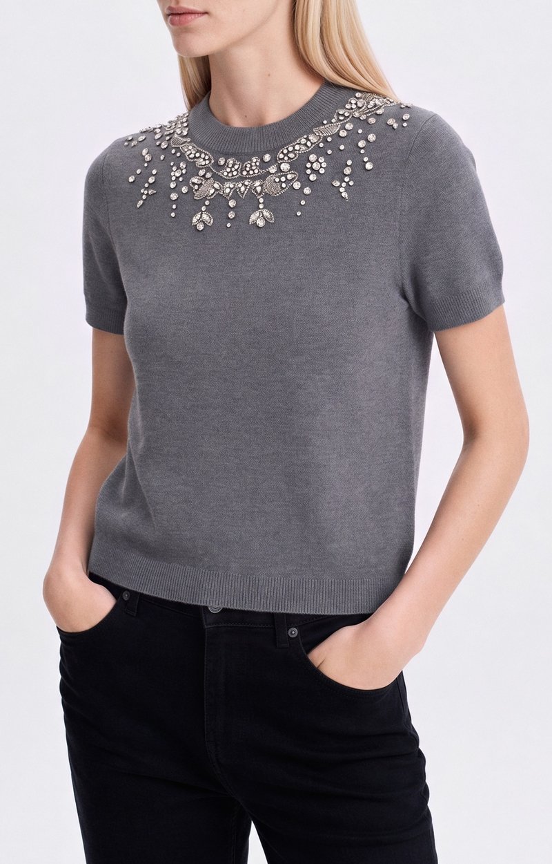 Helmine Sweater Short-sleeve top, jewel-embroidered neckline Tweed grey Vanessa Bruno