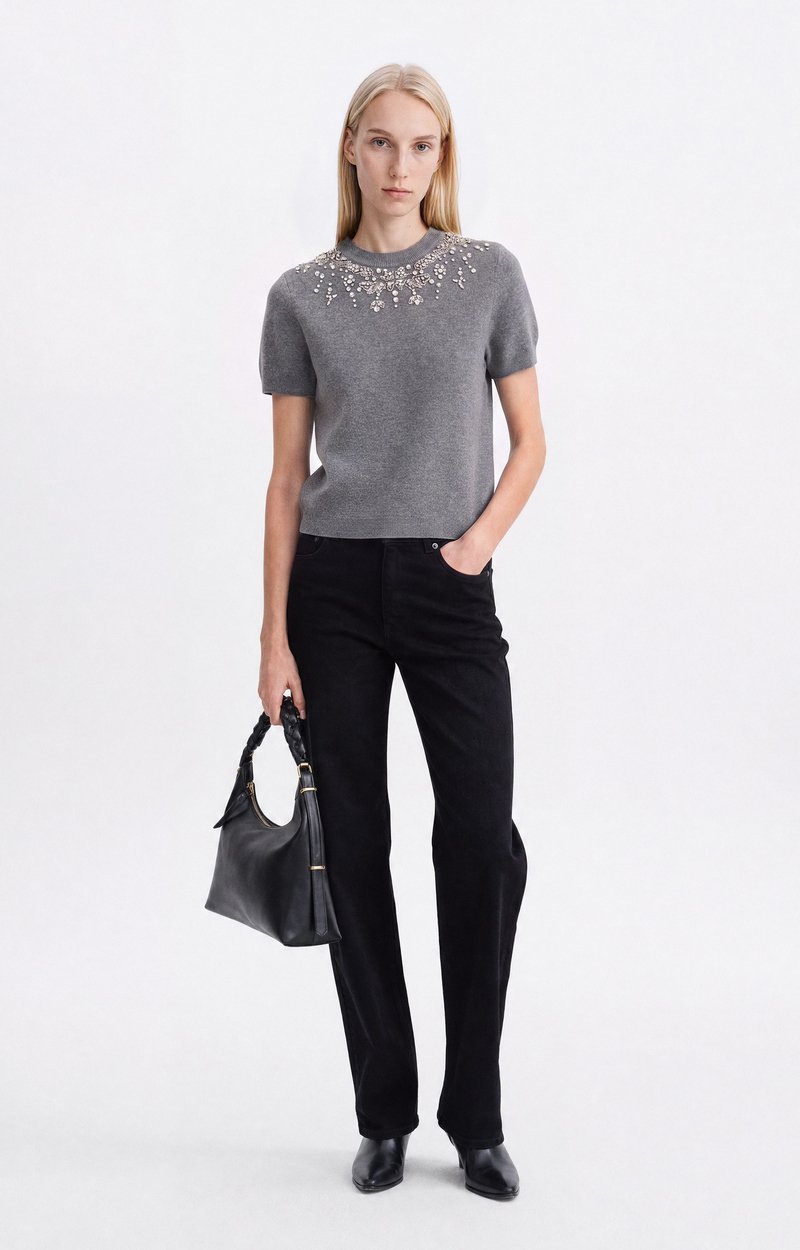 Helmine Sweater Short-sleeve top, jewel-embroidered neckline Tweed grey Vanessa Bruno
