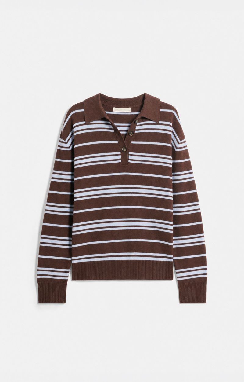 Hadrien Polo Shirt Long-sleeve striped merino knit polo CHOCOLAT/DENIM Vanessa Bruno