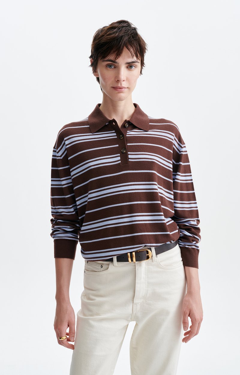 Hadrien Polo Shirt Long-sleeve striped merino knit polo CHOCOLAT/DENIM Vanessa Bruno