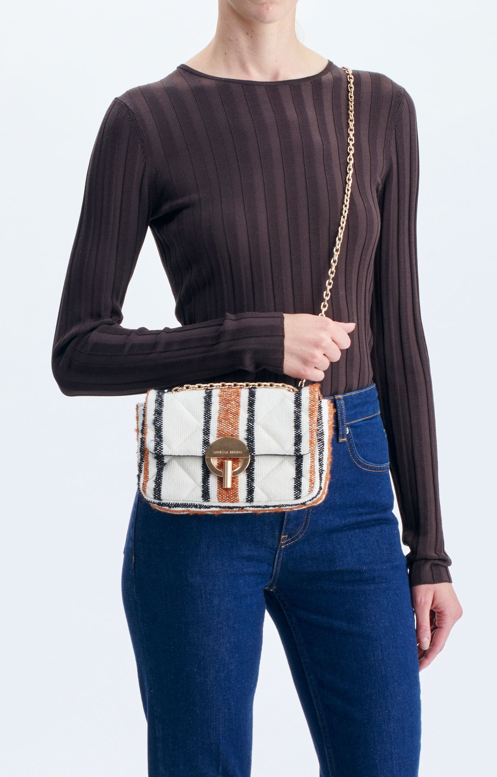 Medium Woven Canvas Moon Bag Striped woven canvas, leather trims MULTICO/BISCUIT Vanessa Bruno
