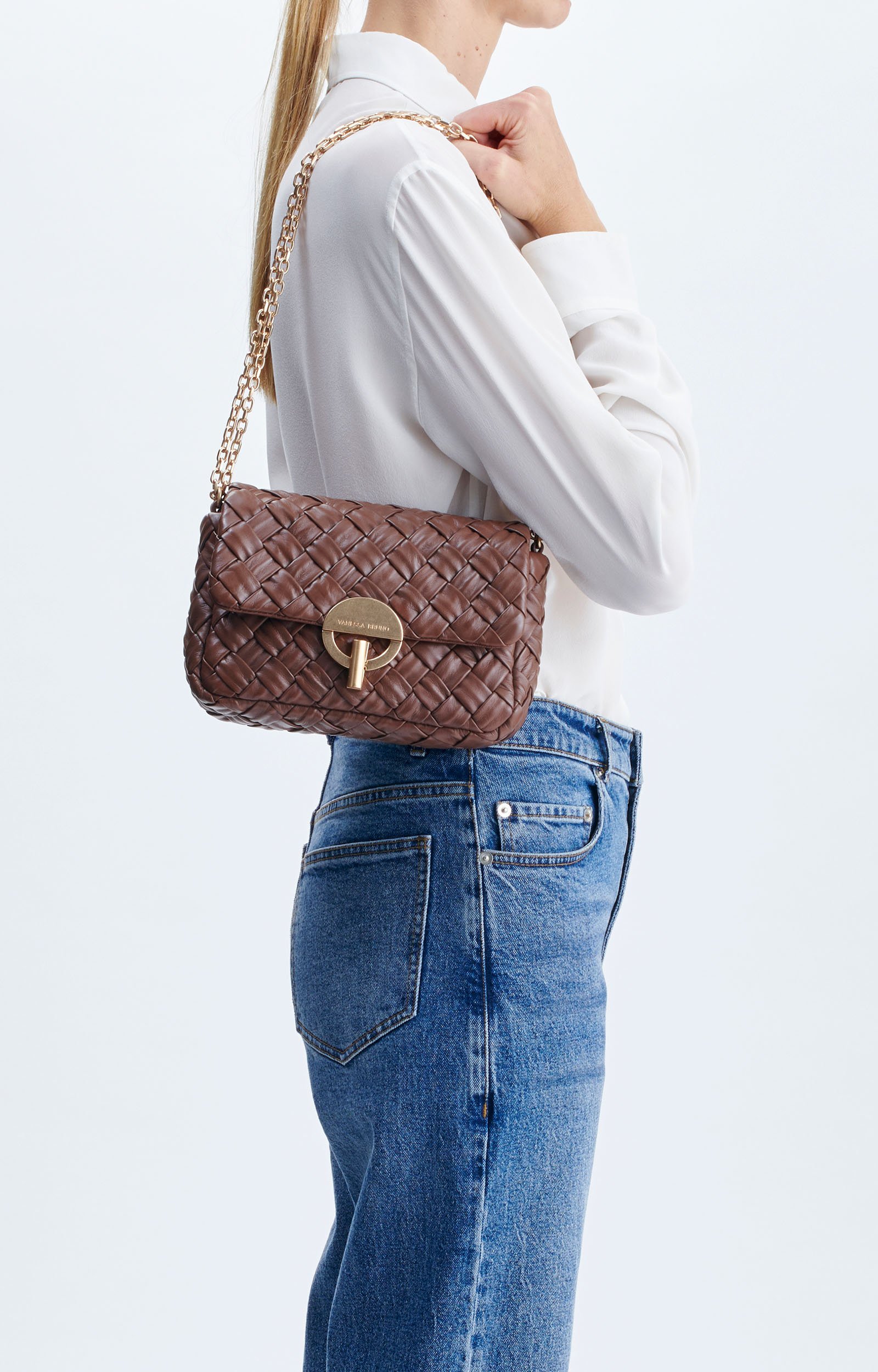 Medium Braided Leather Moon Bag Braided lambskin bag, chain strap COGNAC Vanessa Bruno