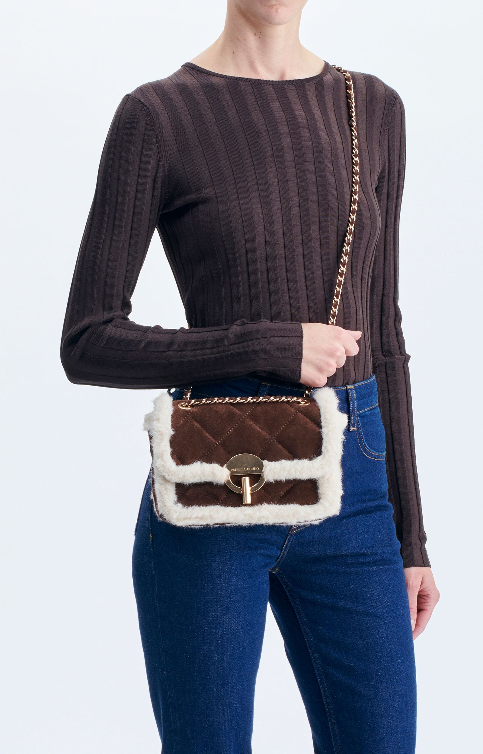 Medium Shearling Leather Moon Bag Suede and shearling Moon bag Classic Brown Vanessa Bruno