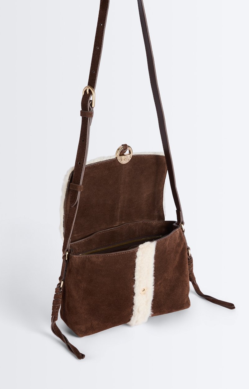 Small Shearling Leather Othilia Bag Nubuck and shearling clutch, leather strap Classic Brown Vanessa Bruno