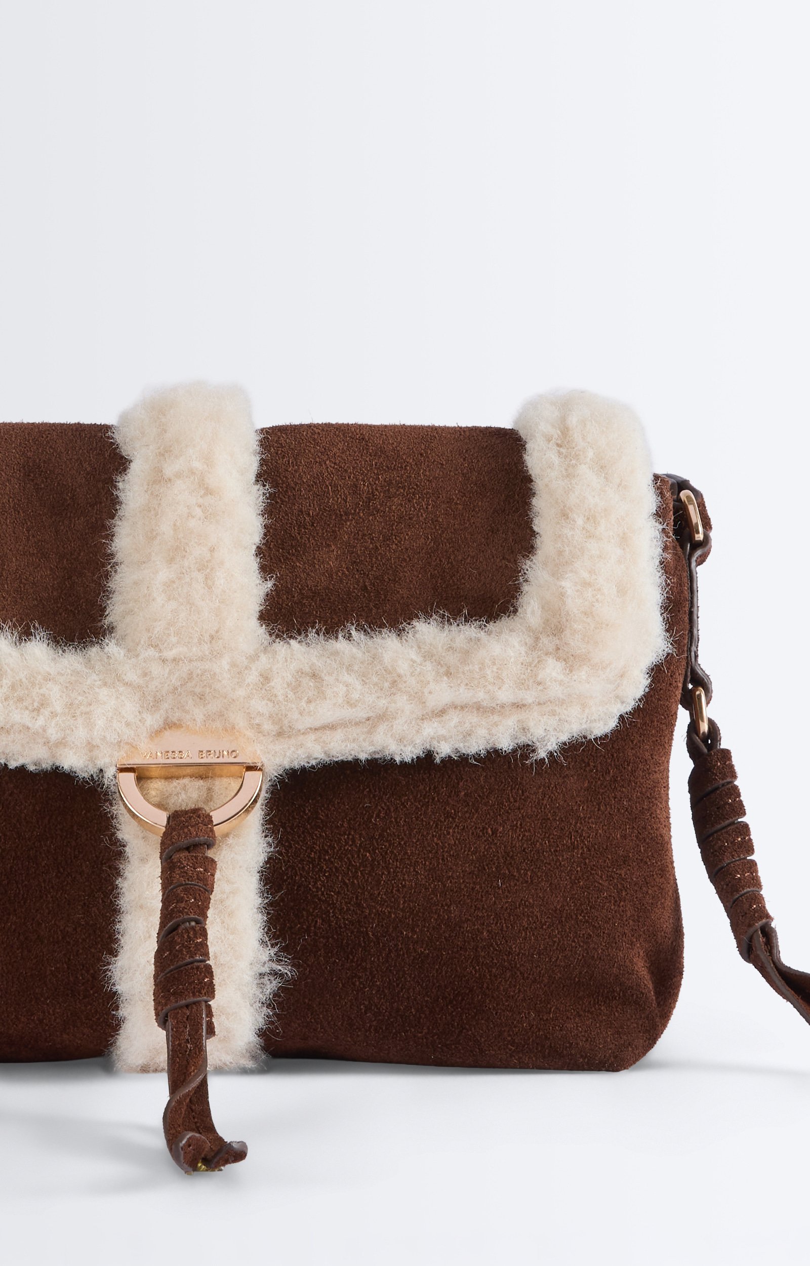 Small Shearling Leather Othilia Bag Nubuck and shearling clutch, leather strap Classic Brown Vanessa Bruno