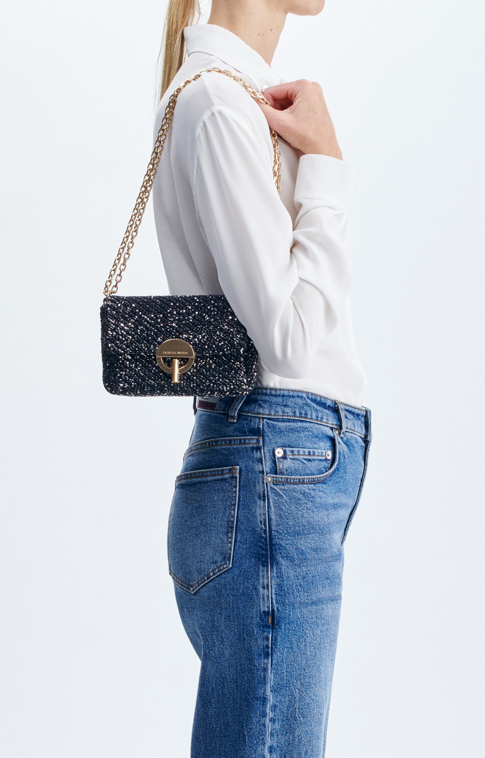Small Sequin Moon Bag Sequin Moon bag, gold chain Black Vanessa Bruno