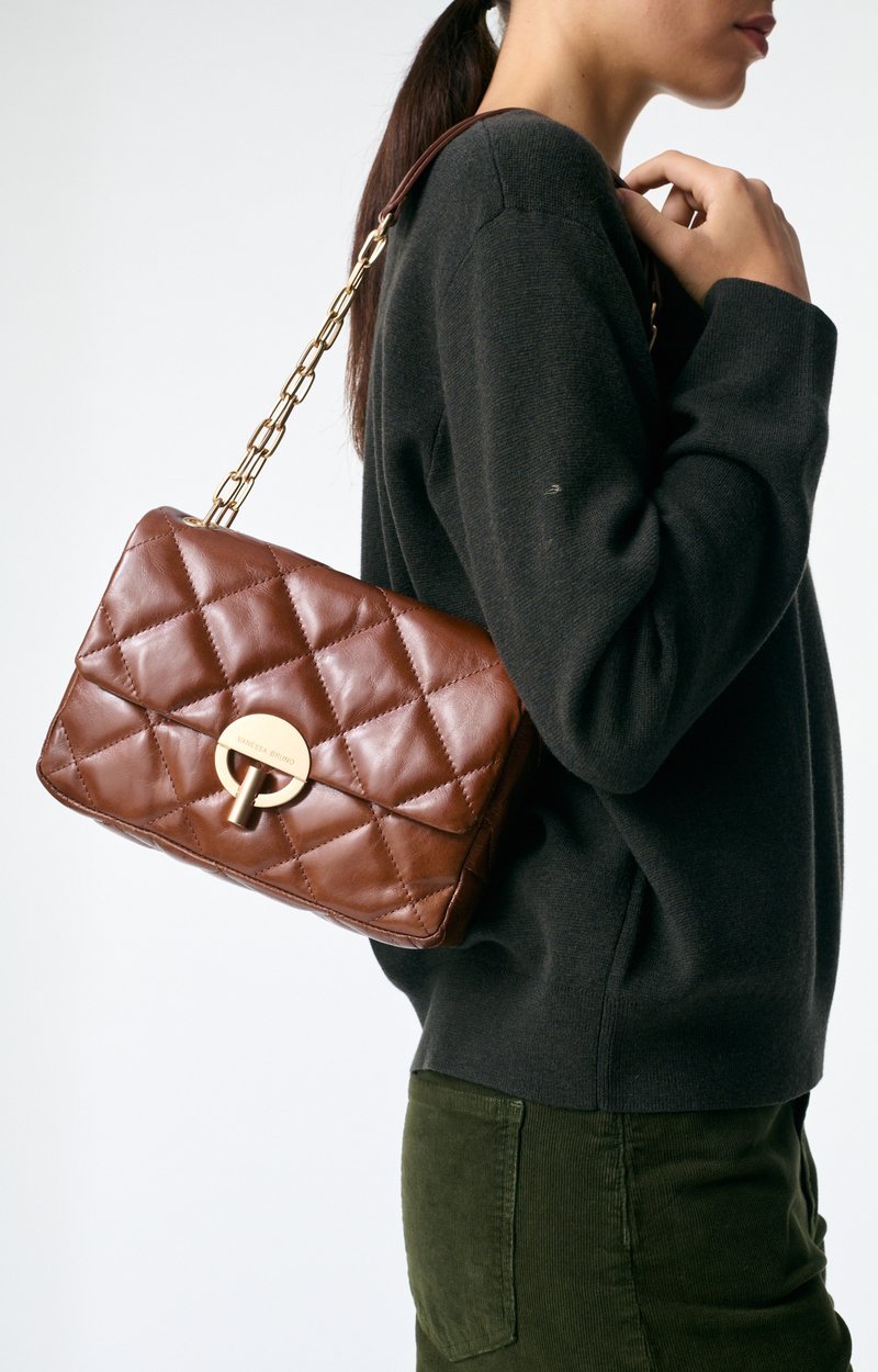 Large Cracked Leather Moon Bag Quilted crackled leather, made in Italy Havana Vanessa Bruno
