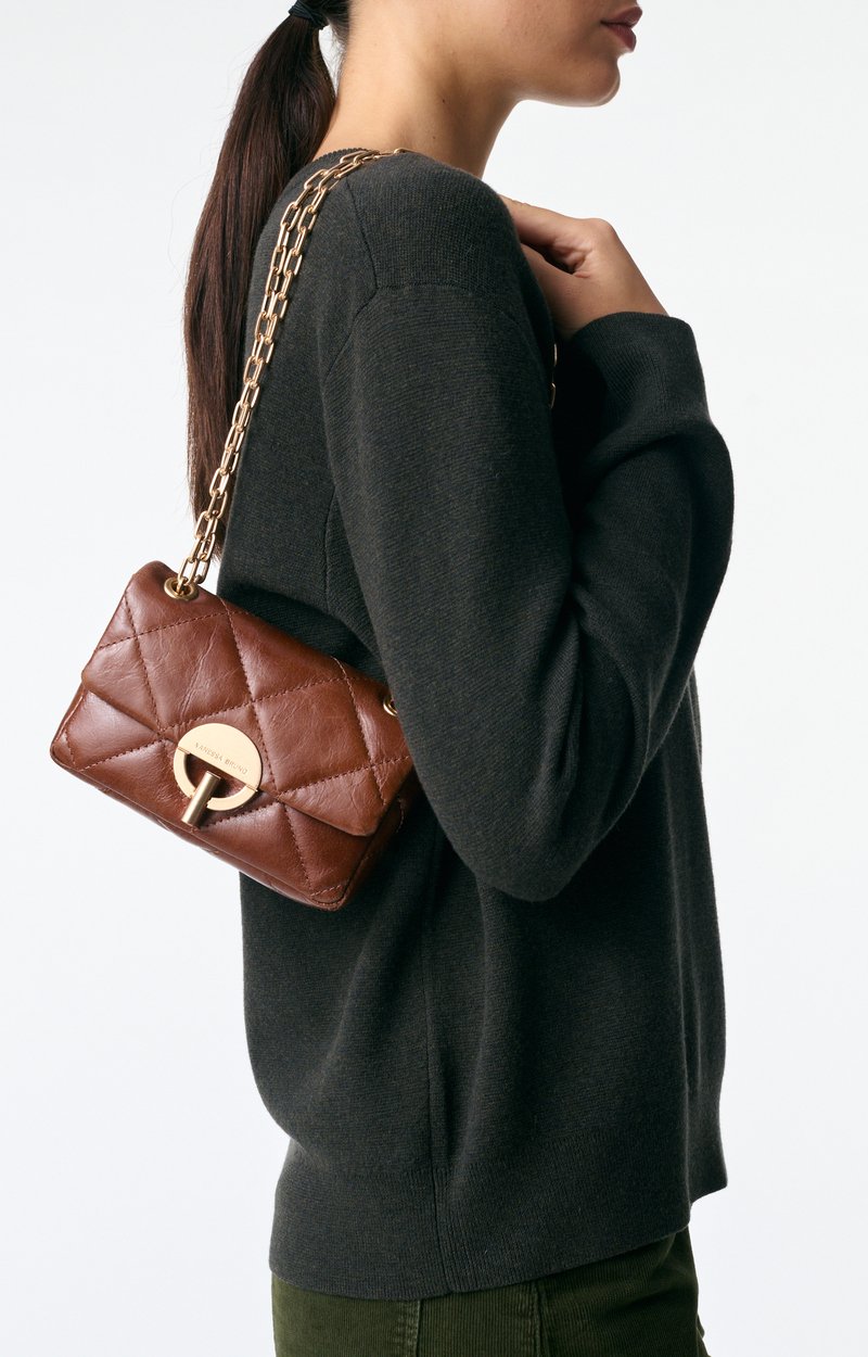 Small Cracked Leather Moon Bag Crackled leather, gold clasp, made in Italy Havana Vanessa Bruno