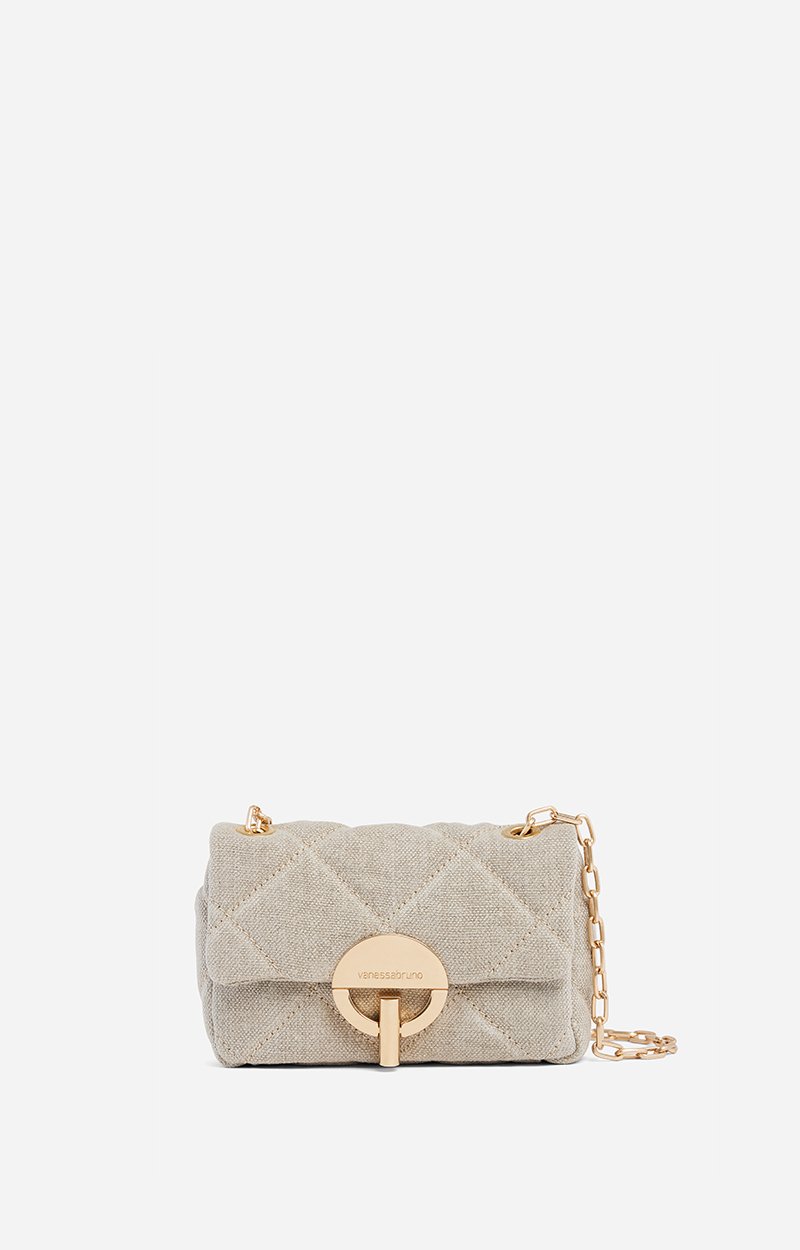 Small Linen Moon Bag, Quilted linen, gold clasp, made in Italy