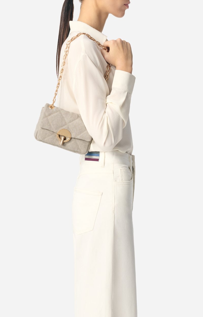 Small Linen Moon Bag Quilted linen, gold clasp, made in Italy SAND Vanessa Bruno