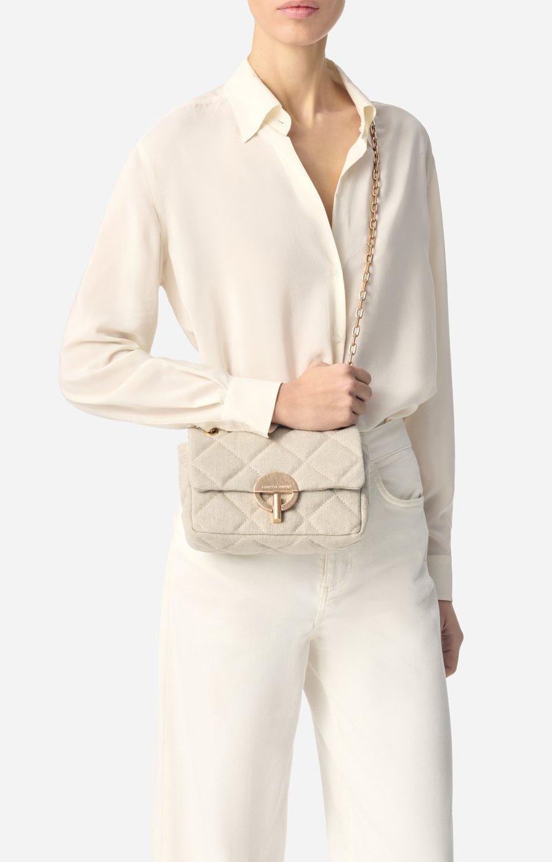 Medium Linen Moon Bag Quilted linen, gold clasp, made in Italy SAND Vanessa Bruno